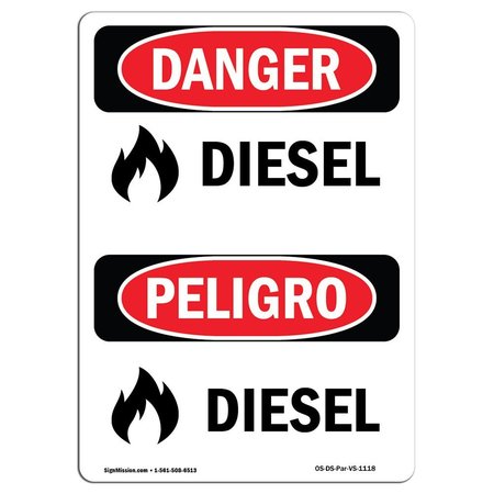 SIGNMISSION OSHA Danger Sign, 24" Height, Rigid Plastic, Diesel, Bilingual Spanish, 1824-VS-1118 OS-DS-P-1824-VS-1118